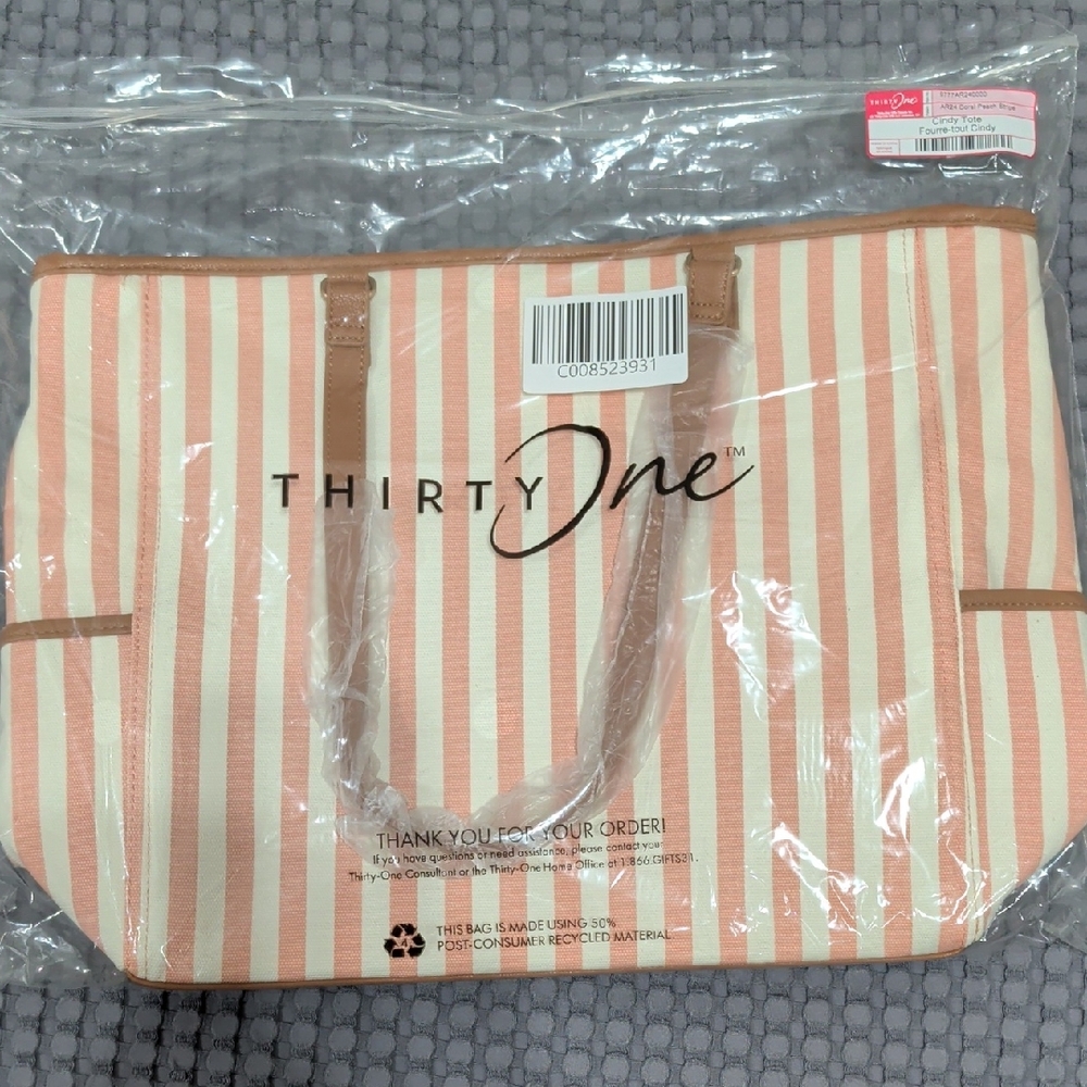 Thirty-One Coral and White Striped Cindy Tote
